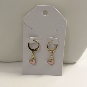 Huggie Hoop Leverback Earrings with Light Pink Heart drop charms 24K Gold Pla…